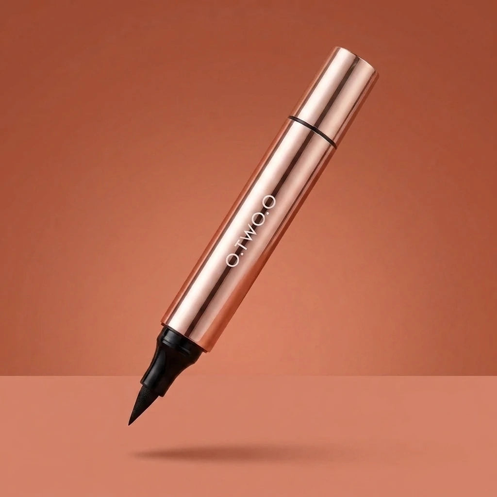 Waterproof Cat Eye Eyeliner | Use the previous floating terracotta product image as the exact campaign reference: same product identity, same clean terracotta gradient world, same premium st